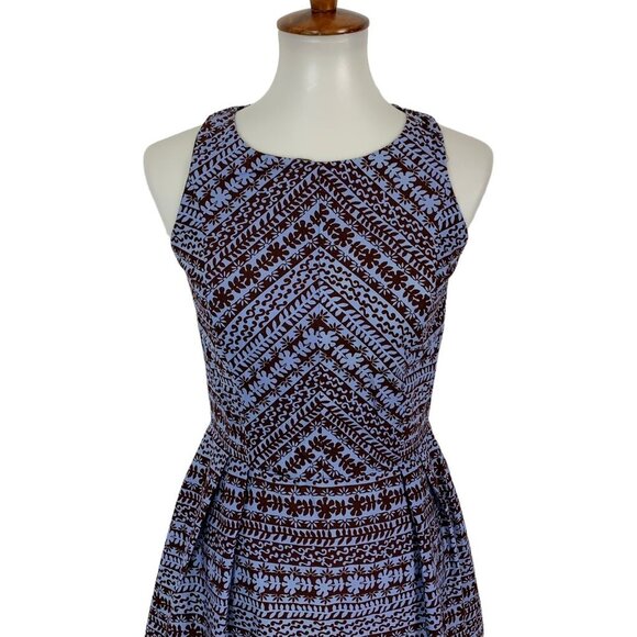 Eva Franco Blue Brown Geometric Fit And Flare Sleeveless Dress 4 Retro Chic - Picture 2 of 7